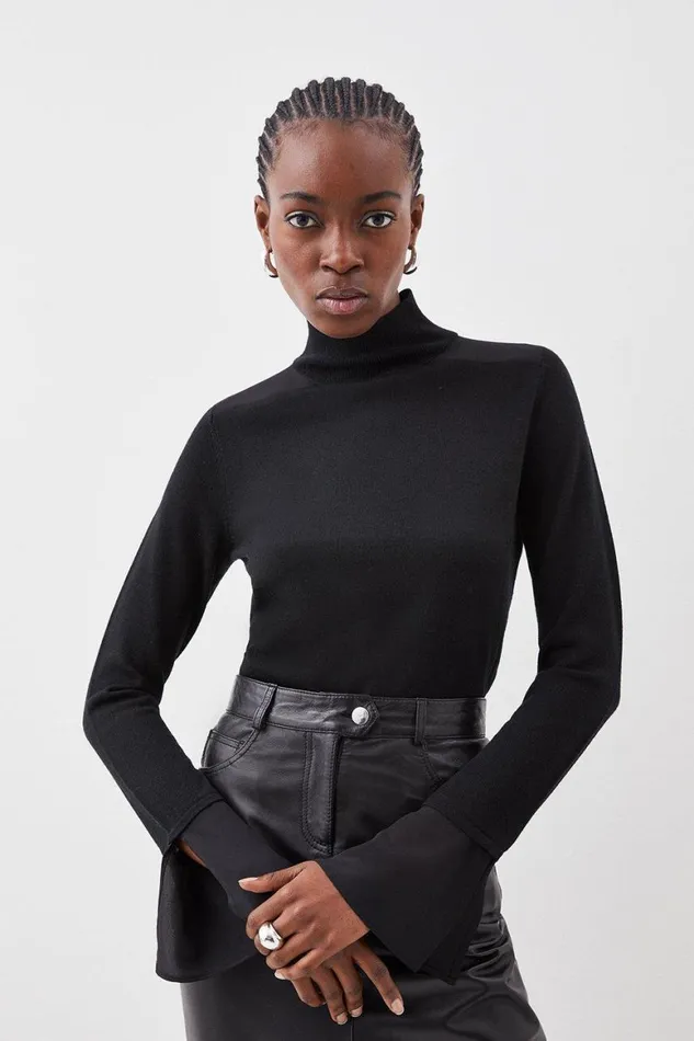 Knitwear Women Karen Millen Merino Wool Silk Cuff Knit Jumper Black