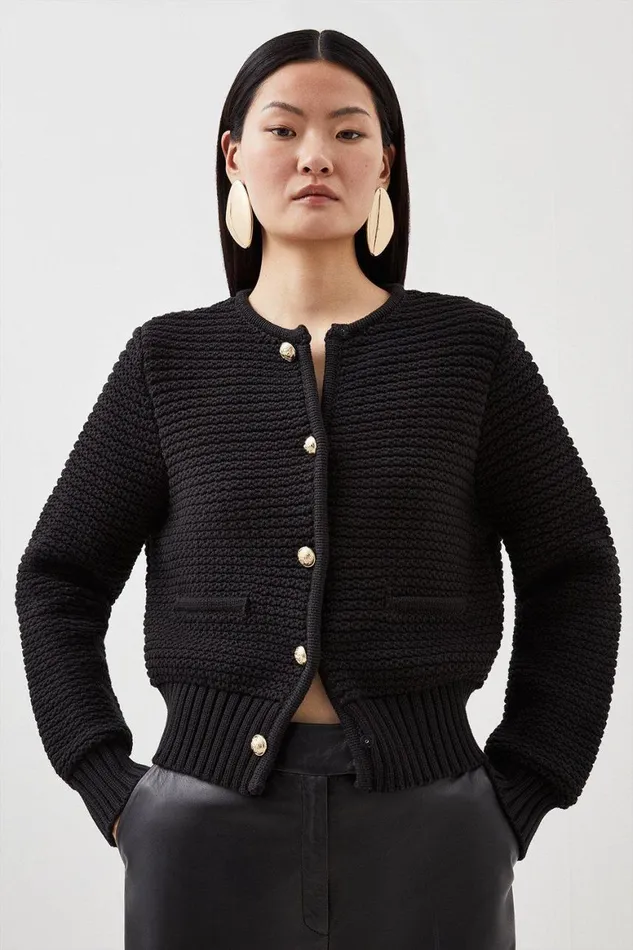 Knitwear Women Karen Millen Tubular Cotton Chunky Knit Cardigan Black