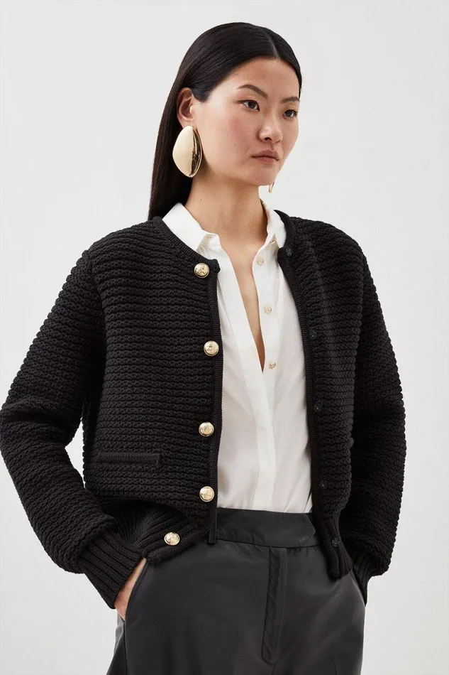 Knitwear Women Karen Millen Tubular Cotton Chunky Knit Cardigan Black