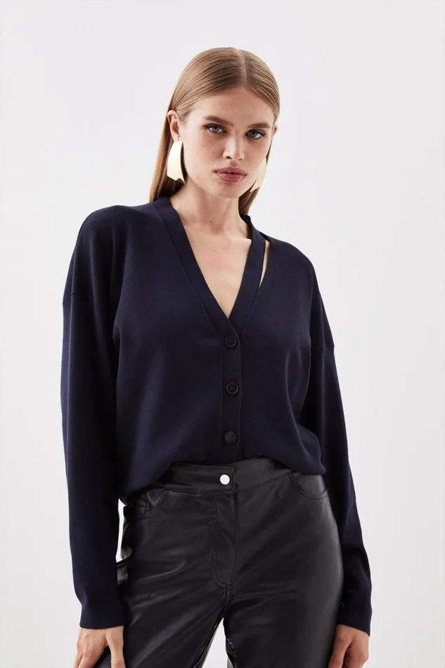Knitwear Women Karen Millen Viscose Blend Knit Asymmetric V Neck Cardigan Dark Navy Knitwear Women Karen Millen Viscose Blend Knit Asymmetric V Neck Cardigan Dark Navy