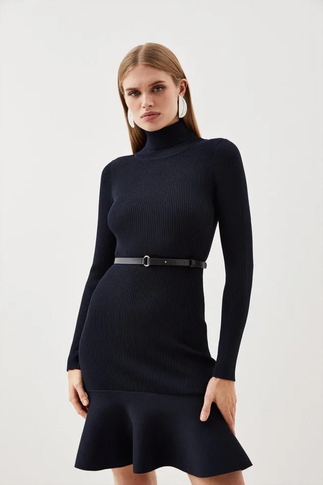 Knitwear Women Karen Millen Viscose Blend Knit Roll Neck Belted Flippy Hem Mini Dress Navy