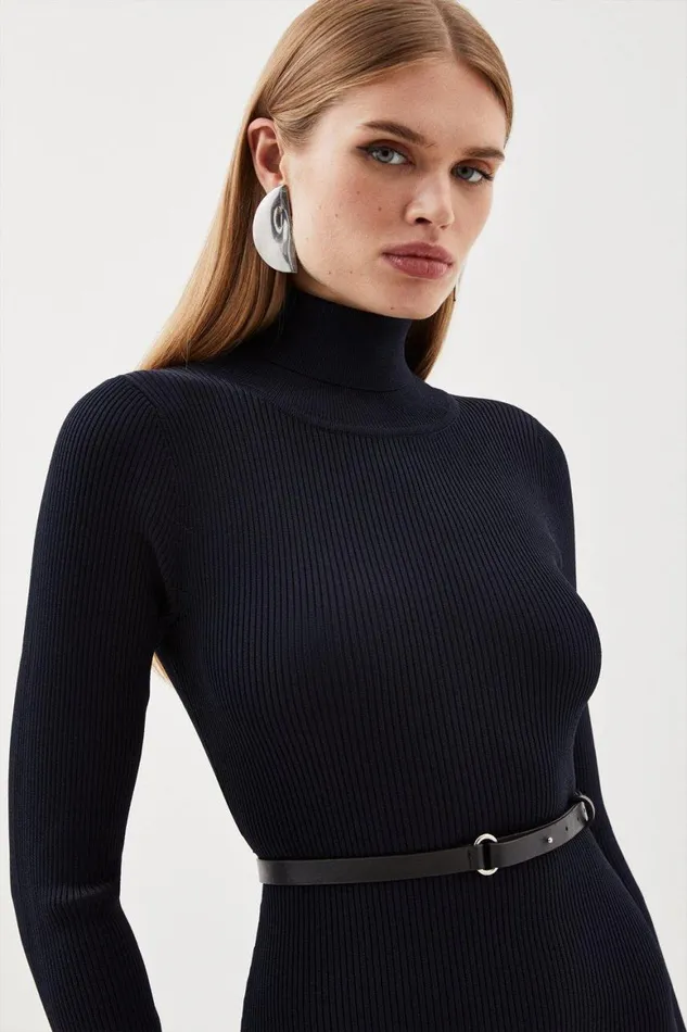 Knitwear Women Karen Millen Viscose Blend Knit Roll Neck Belted Flippy Hem Mini Dress Navy