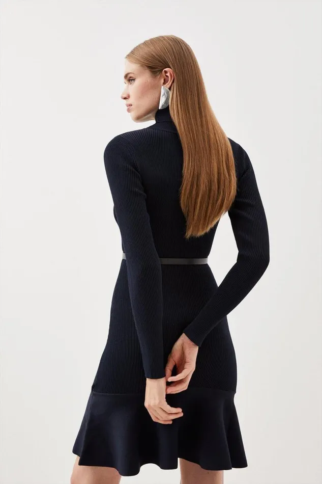 Knitwear Women Karen Millen Viscose Blend Knit Roll Neck Belted Flippy Hem Mini Dress Navy