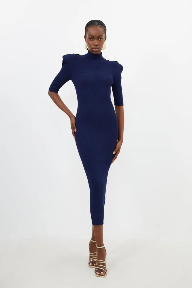 Knitwear Women Karen Millen Viscose Blend Rib Knit Power Shoulder Midaxi Dress Navy