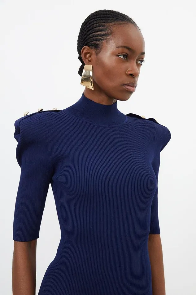 Knitwear Women Karen Millen Viscose Blend Rib Knit Power Shoulder Midaxi Dress Navy