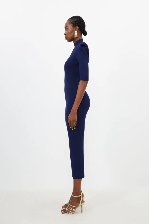 Knitwear Women Karen Millen Viscose Blend Rib Knit Power Shoulder Midaxi Dress Navy