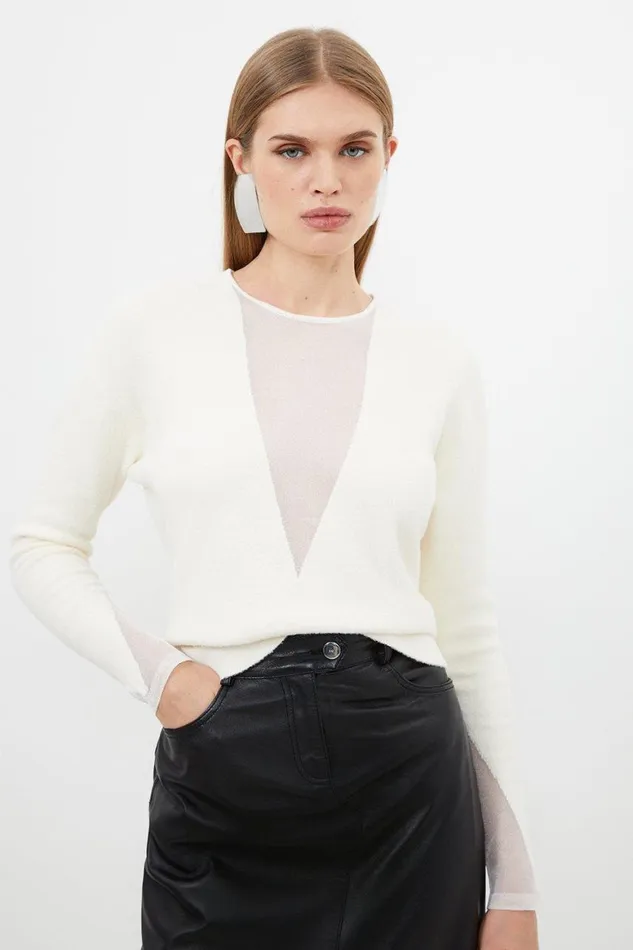 Knitwear Women Karen Millen Viscose Blend Sheer Panelled Knit Jumper Natural