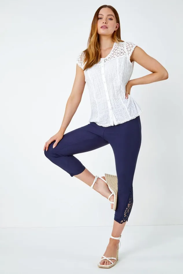 Lace Insert Elastic Waist Cropped Trouser Women Roman Trousers