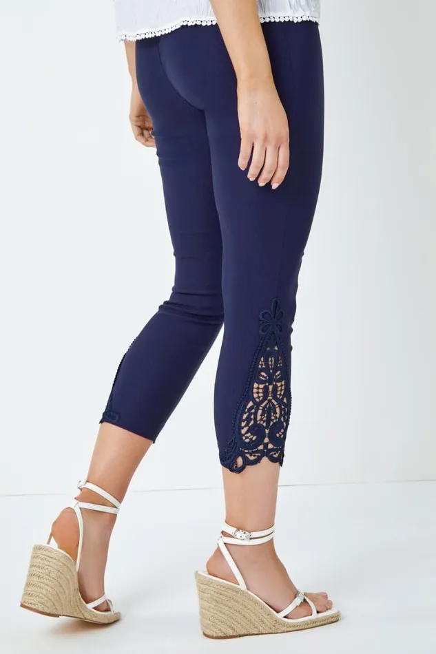 Lace Insert Elastic Waist Cropped Trouser Women Roman Trousers