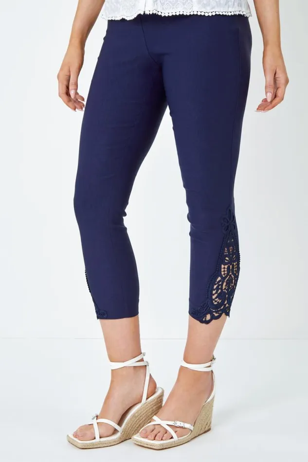 Lace Insert Elastic Waist Cropped Trouser Women Roman Trousers