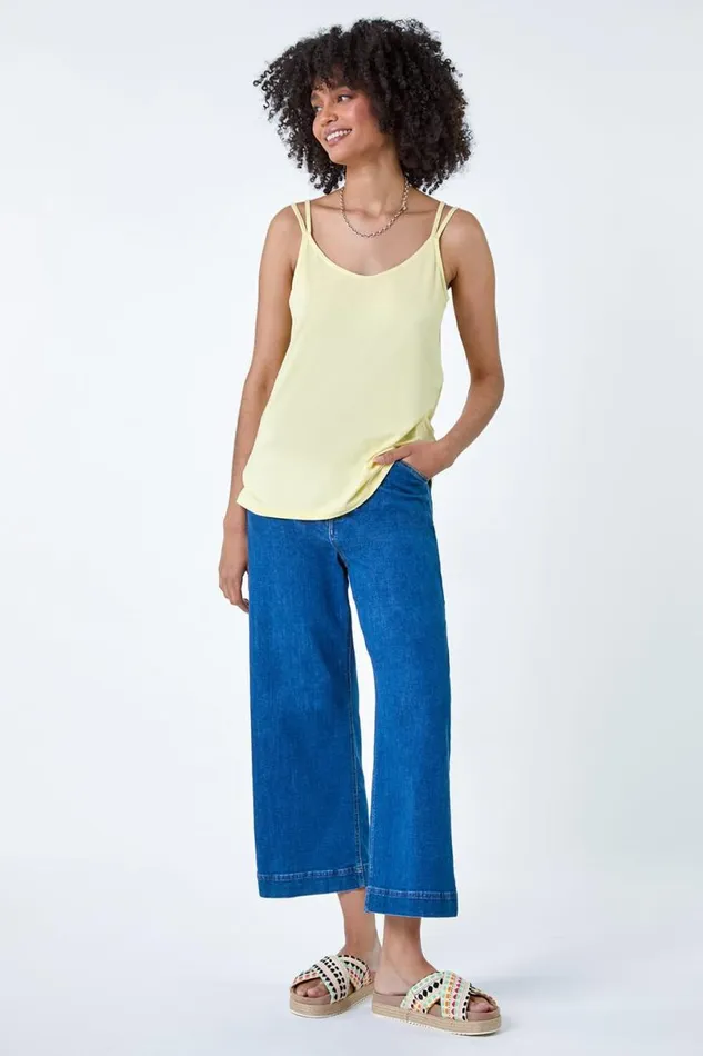 Lemon Plain Double Strap VNeck Stretch Vest Top Women Roman Tops