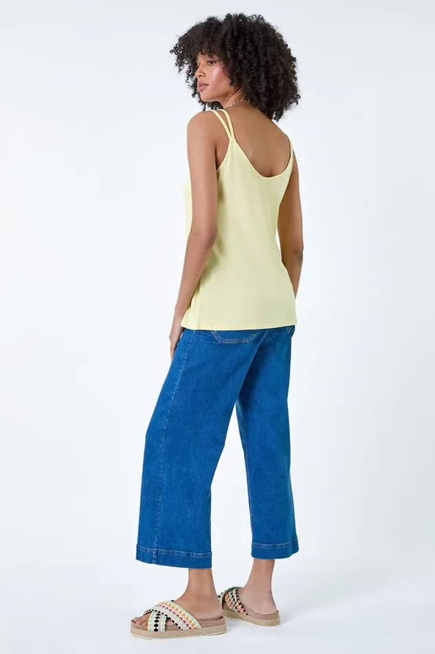 Lemon Plain Double Strap VNeck Stretch Vest Top Women Roman Tops