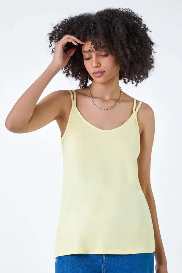 Lemon Plain Double Strap VNeck Stretch Vest Top Women Roman Tops