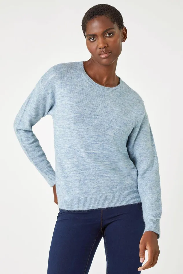Light Blue Crew Neck Stretch Jumper Women Roman Tops