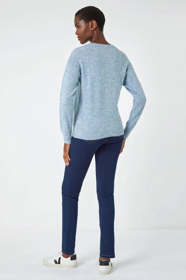 Light Blue Crew Neck Stretch Jumper Women Roman Tops