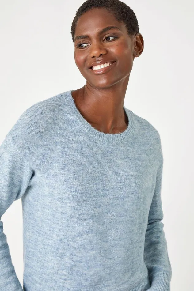 Light Blue Crew Neck Stretch Jumper Women Roman Tops