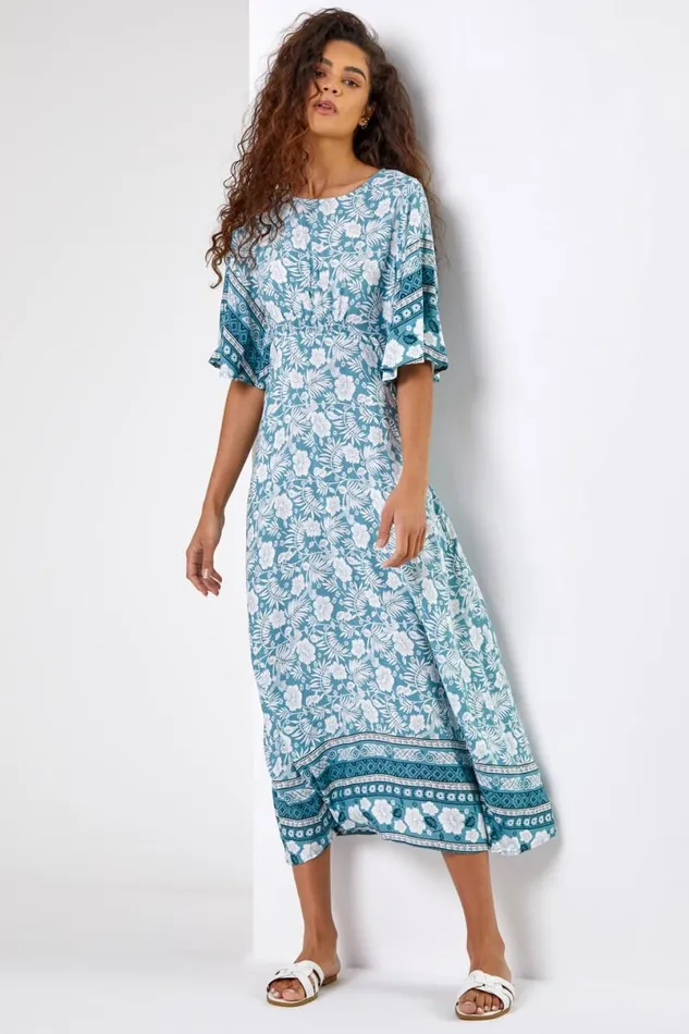 Light Blue Floral Border Print Midi Dress Women Roman Dresses