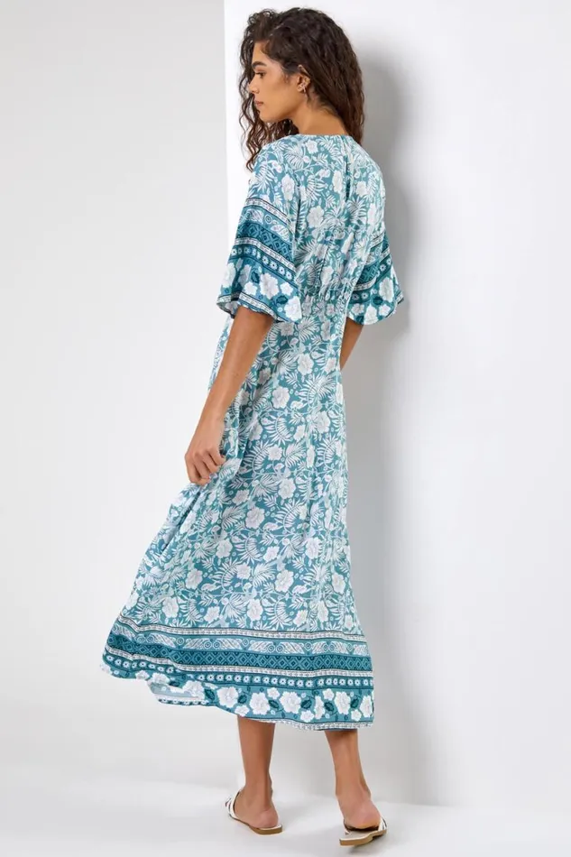 Light Blue Floral Border Print Midi Dress Women Roman Dresses