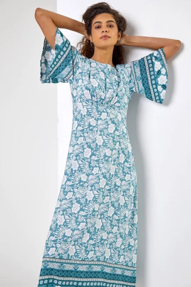 Light Blue Floral Border Print Midi Dress Women Roman Dresses