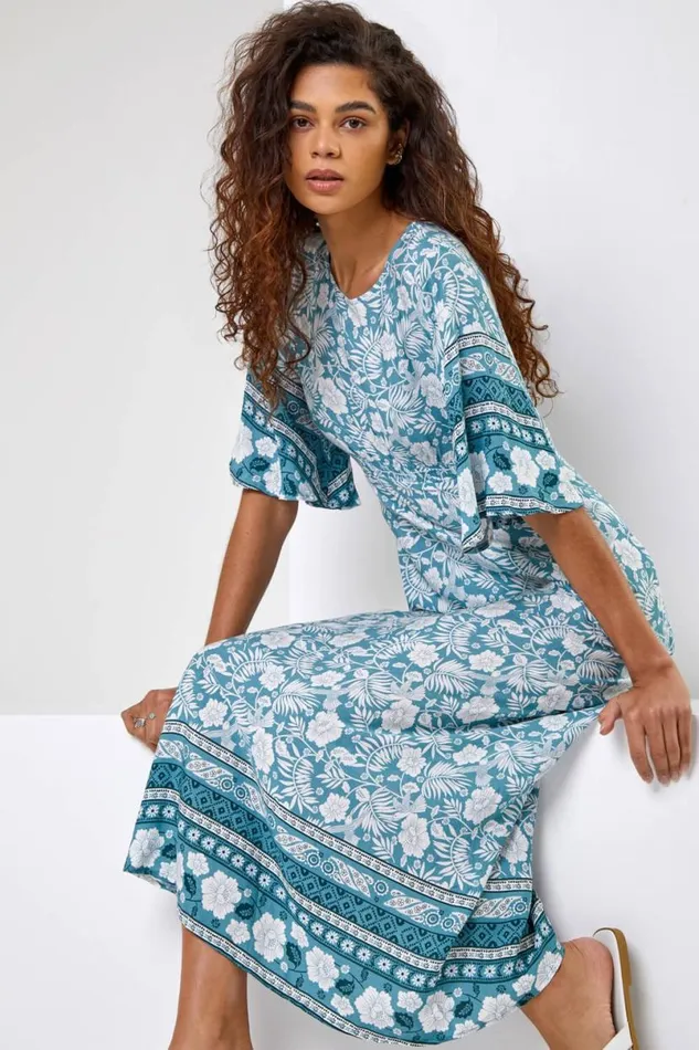 Light Blue Floral Border Print Midi Dress Women Roman Dresses
