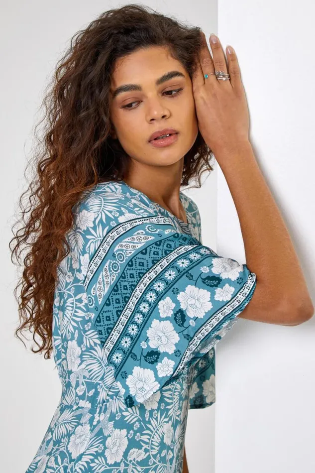 Light Blue Floral Border Print Midi Dress Women Roman Dresses