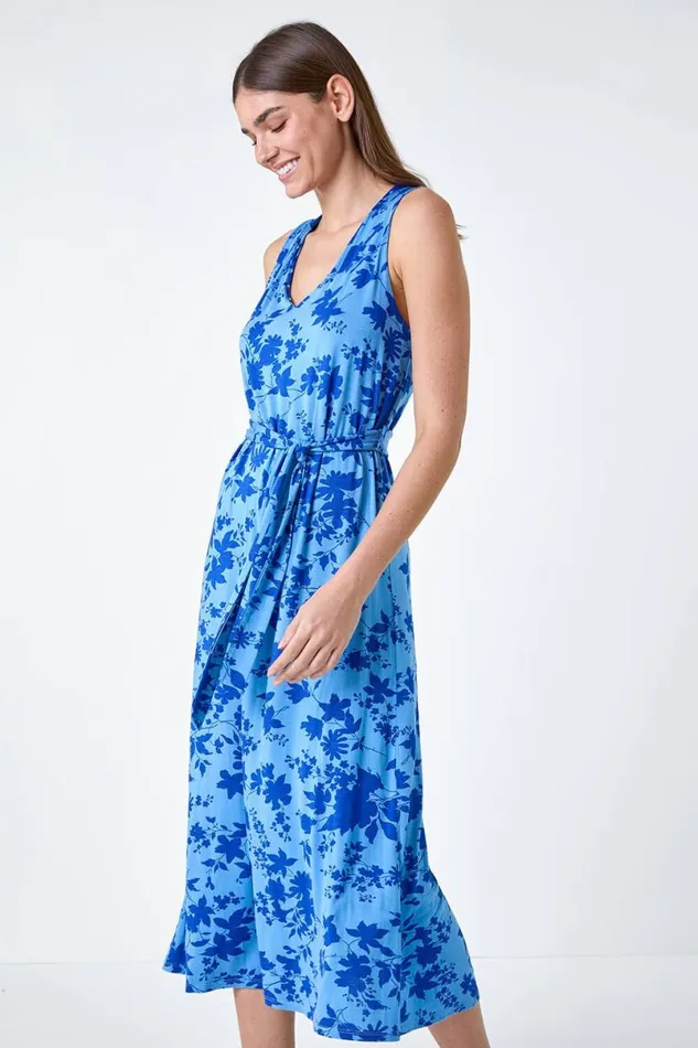 Light Blue Floral Tie Detail Stretch Midi Dress Women Roman Dresses