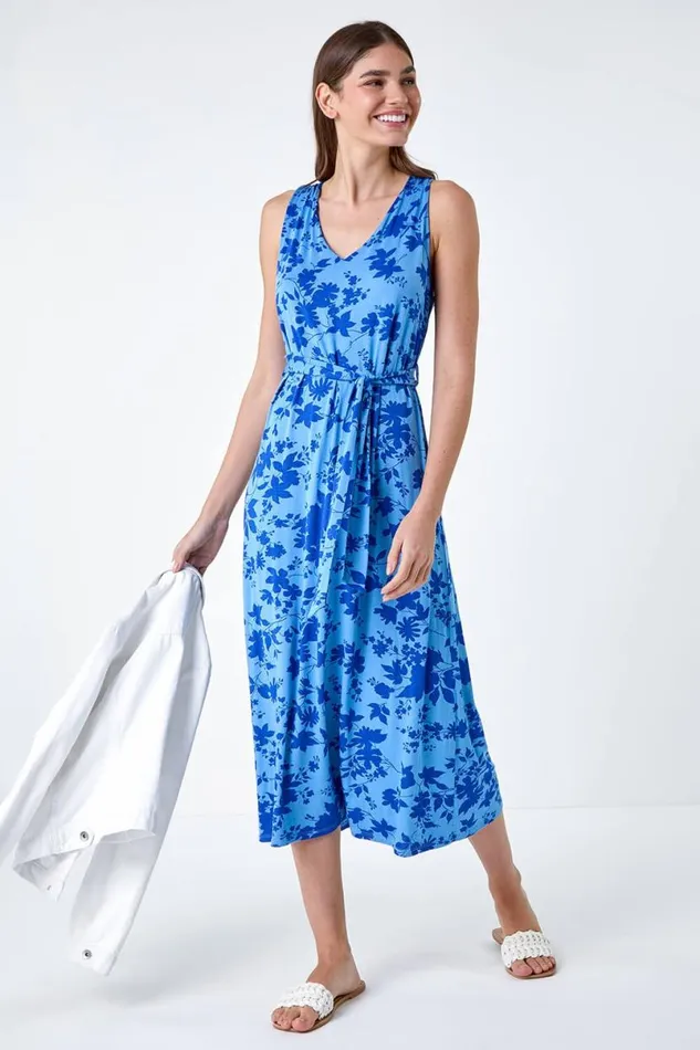 Light Blue Floral Tie Detail Stretch Midi Dress Women Roman Dresses