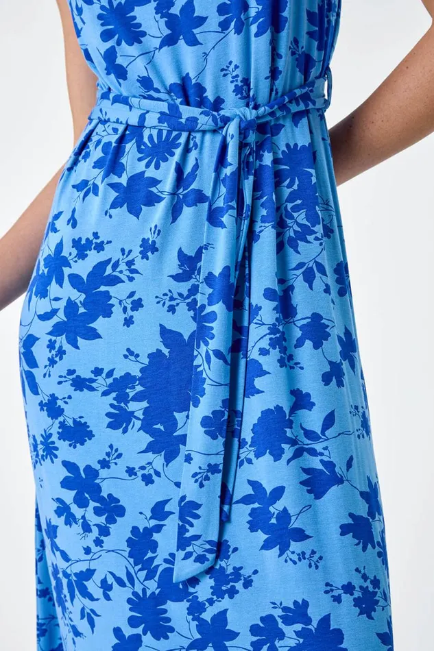 Light Blue Floral Tie Detail Stretch Midi Dress Women Roman Dresses