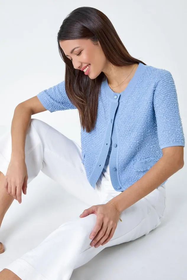 Light Blue Fringe Detail Sparkle Button Cotton Cardigan Women Roman Knitwear