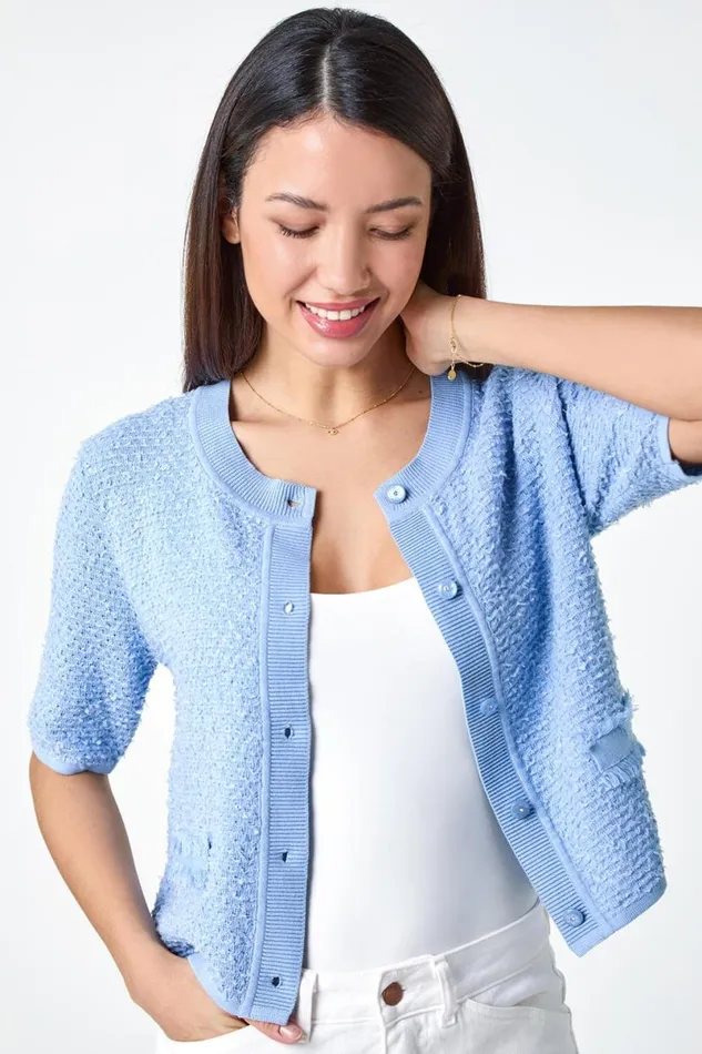 Light Blue Fringe Detail Sparkle Button Cotton Cardigan Women Roman Knitwear
