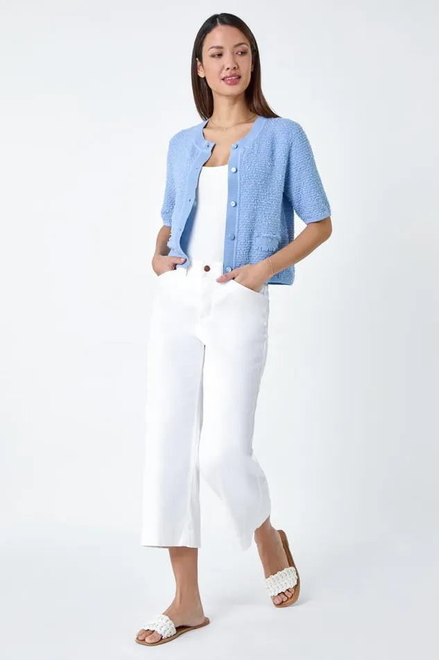 Light Blue Fringe Detail Sparkle Button Cotton Cardigan Women Roman Knitwear