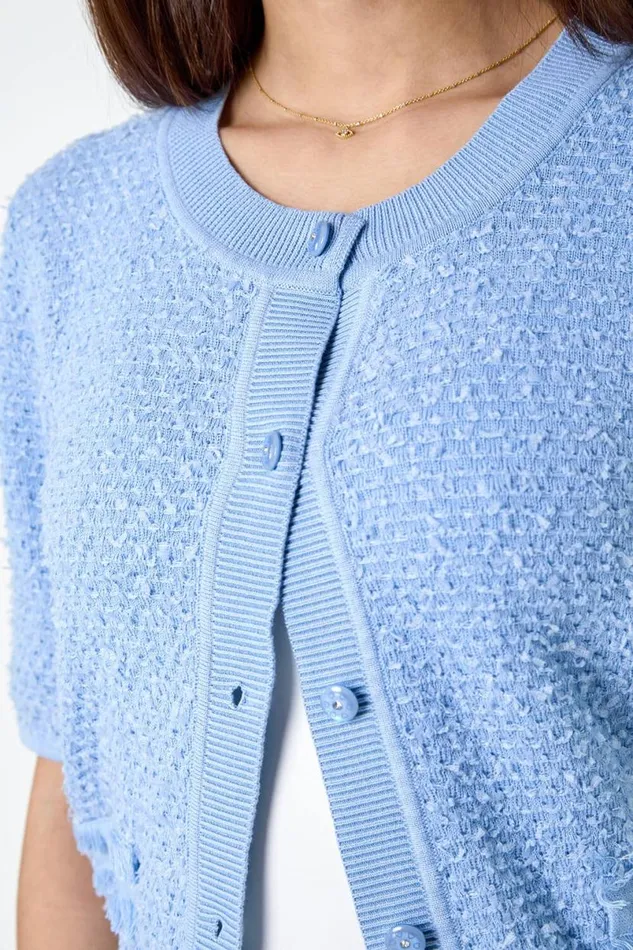 Light Blue Fringe Detail Sparkle Button Cotton Cardigan Women Roman Knitwear
