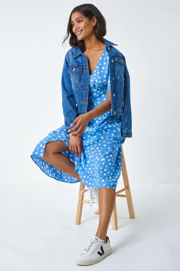 Light Blue Polka Dot Ruched Sleeve Midi Dress Women Roman Dresses