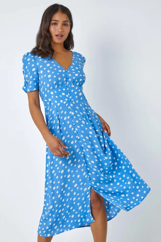Light Blue Polka Dot Ruched Sleeve Midi Dress Women Roman Dresses