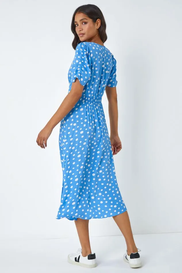 Light Blue Polka Dot Ruched Sleeve Midi Dress Women Roman Dresses