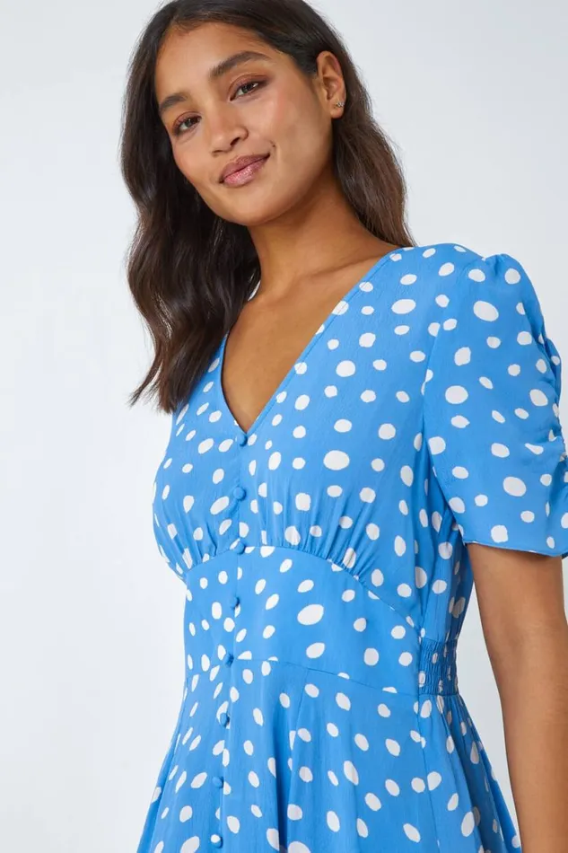 Light Blue Polka Dot Ruched Sleeve Midi Dress Women Roman Dresses