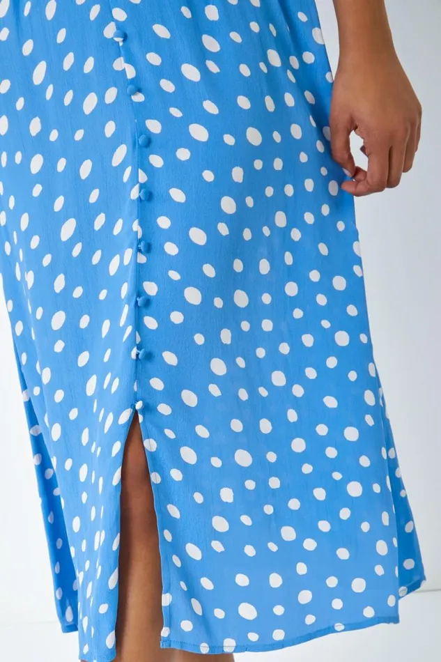 Light Blue Polka Dot Ruched Sleeve Midi Dress Women Roman Dresses