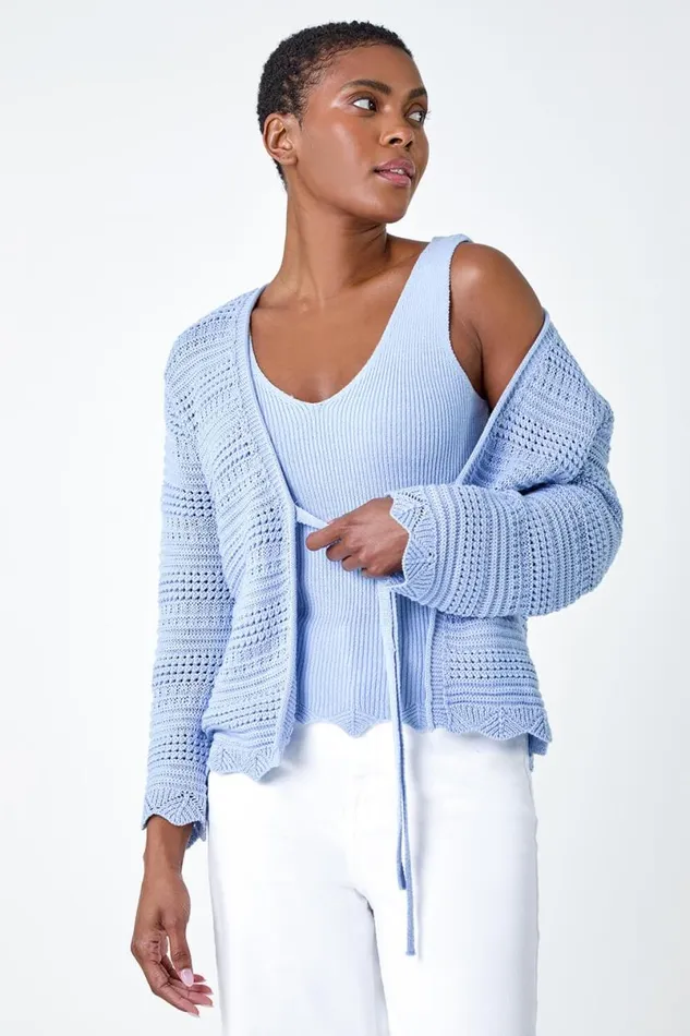 Light Blue Scalloped Edge VNeck Knit Vest Women Roman Tops
