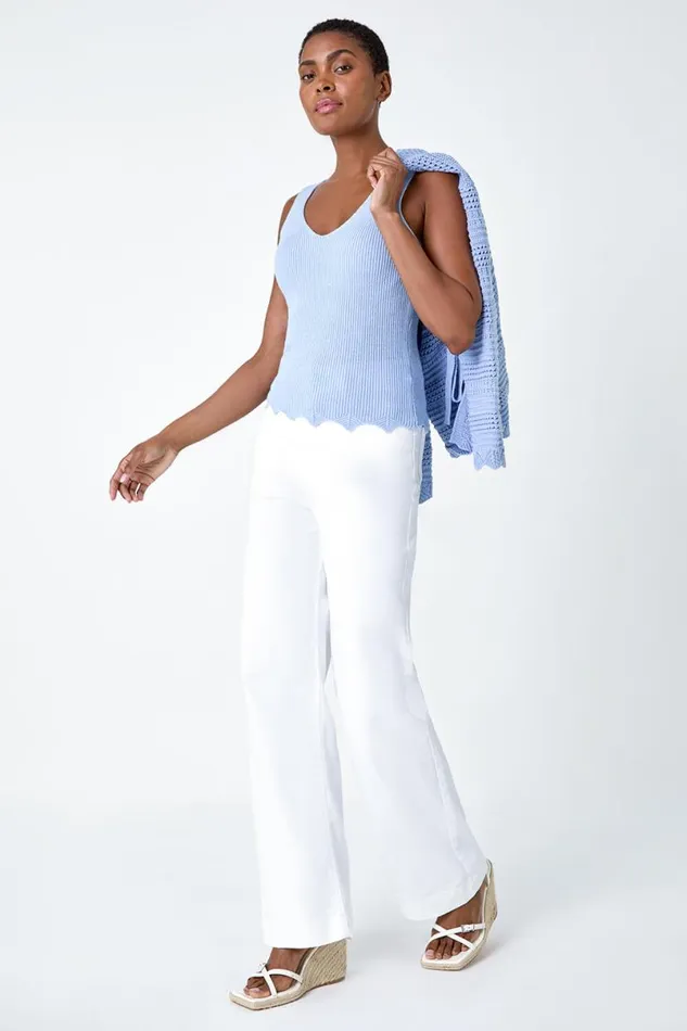 Light Blue Scalloped Edge VNeck Knit Vest Women Roman Tops