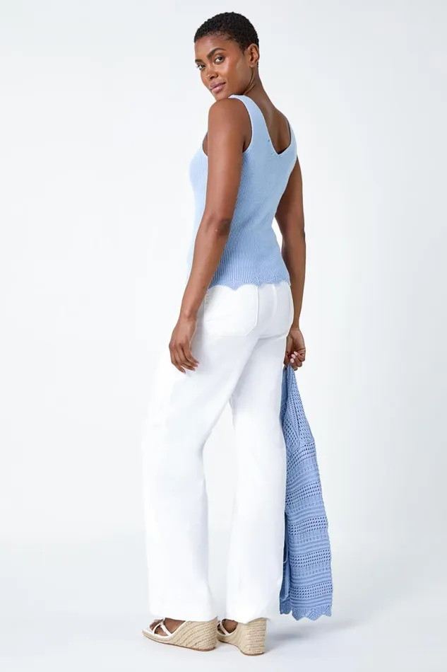 Light Blue Scalloped Edge VNeck Knit Vest Women Roman Tops