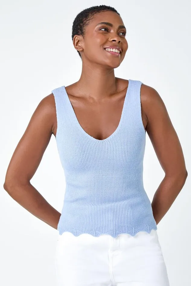 Light Blue Scalloped Edge VNeck Knit Vest Women Roman Tops