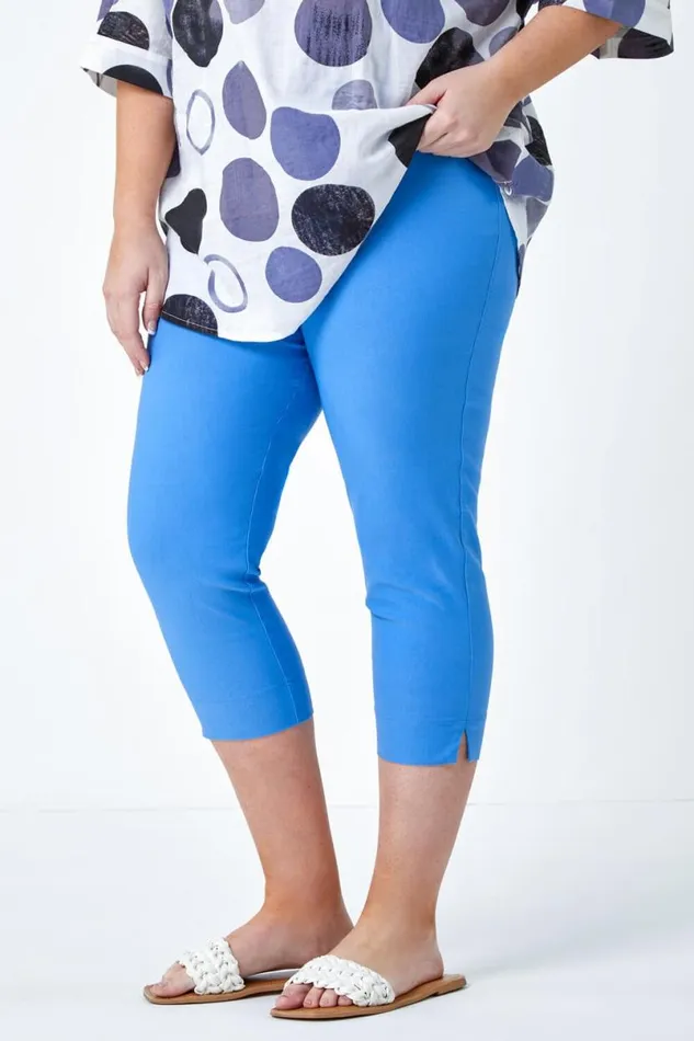 Light Denim Curve Elastic Waist Stretch Cropped Trouser Women Roman Trousers