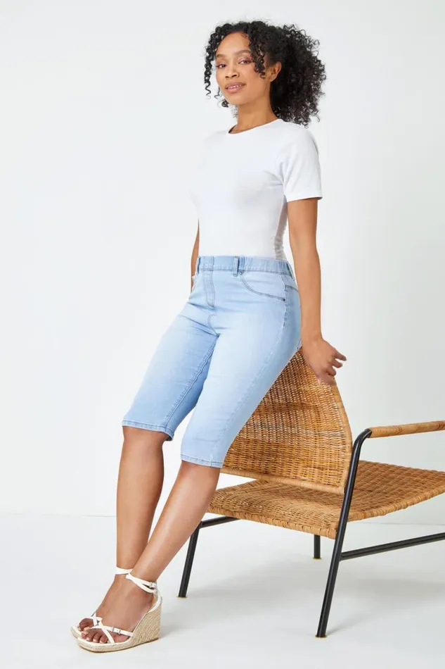 Light Denim Petite Bleached Denim Stretch Shorts Women Roman Shorts