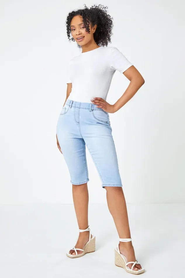 Light Denim Petite Bleached Denim Stretch Shorts Women Roman Shorts