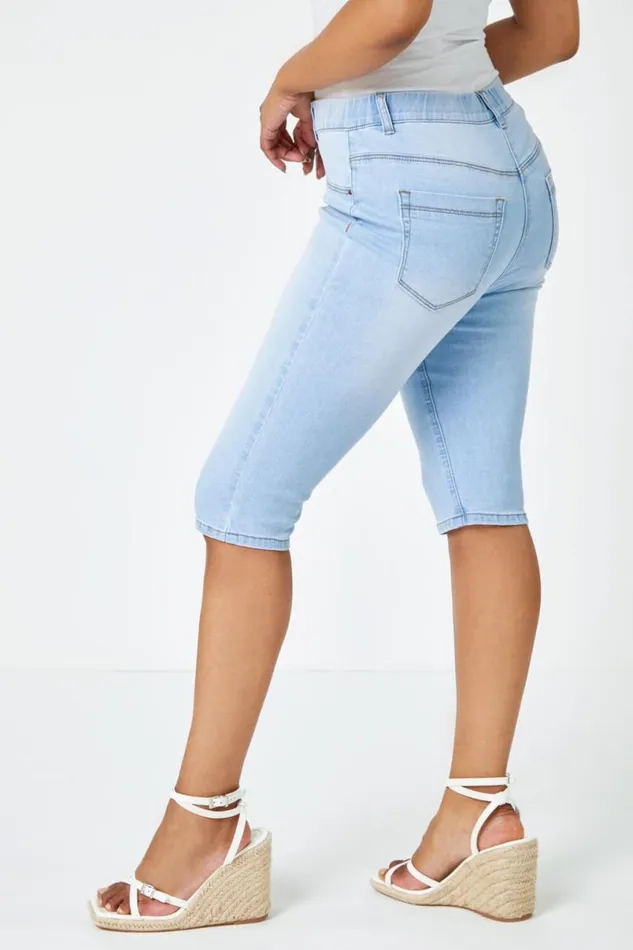 Light Denim Petite Bleached Denim Stretch Shorts Women Roman Shorts