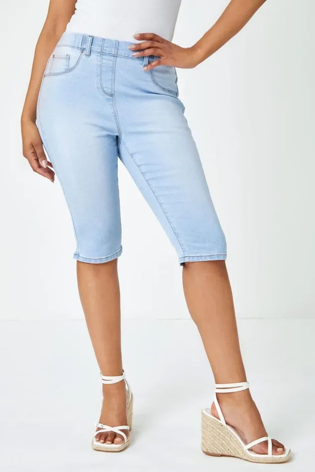 Light Denim Petite Bleached Denim Stretch Shorts Women Roman Shorts