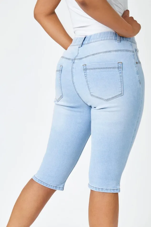 Light Denim Petite Bleached Denim Stretch Shorts Women Roman Shorts