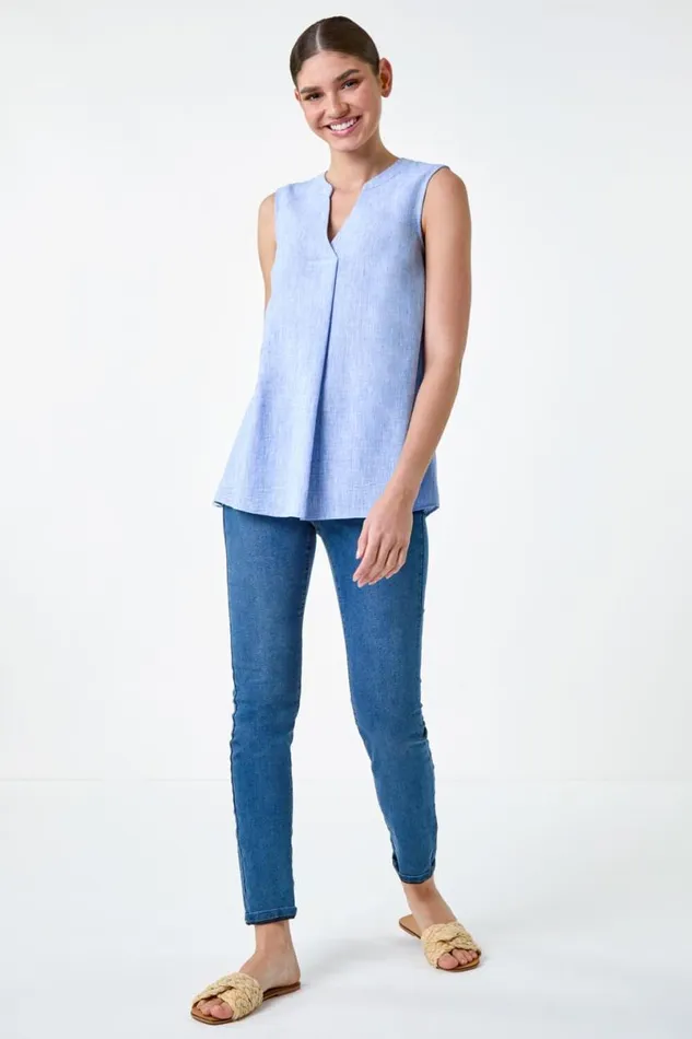 Light Denim Plain Sleeveless Vest Top Women Roman Tops