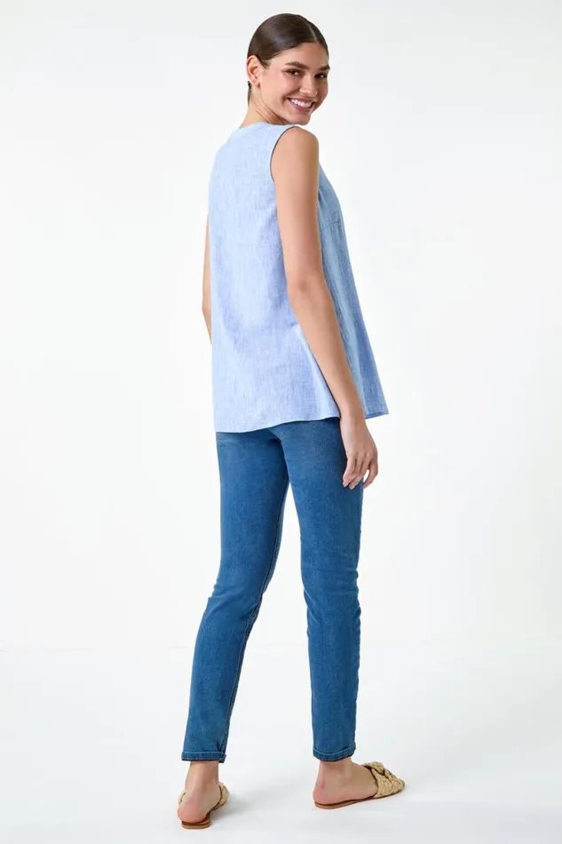 Light Denim Plain Sleeveless Vest Top Women Roman Tops