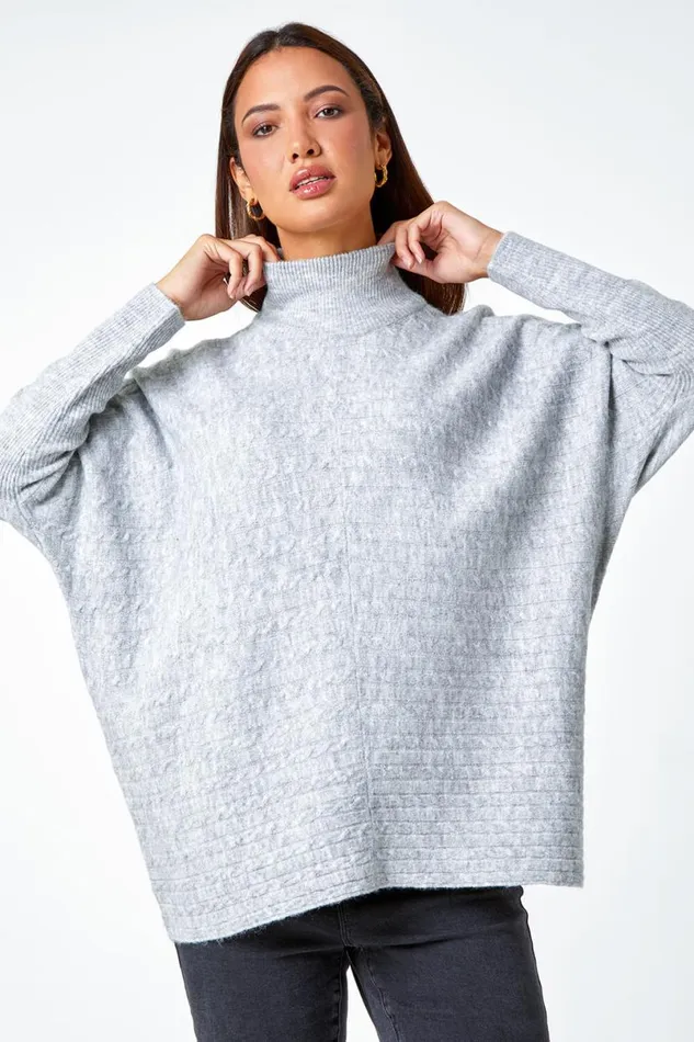 Light Grey Cable Knit Roll Neck Stretch Longline Jumper Women Roman Knitwear